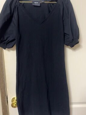 Anthropologie Black Puff-Sleeve V-Neck Dress
